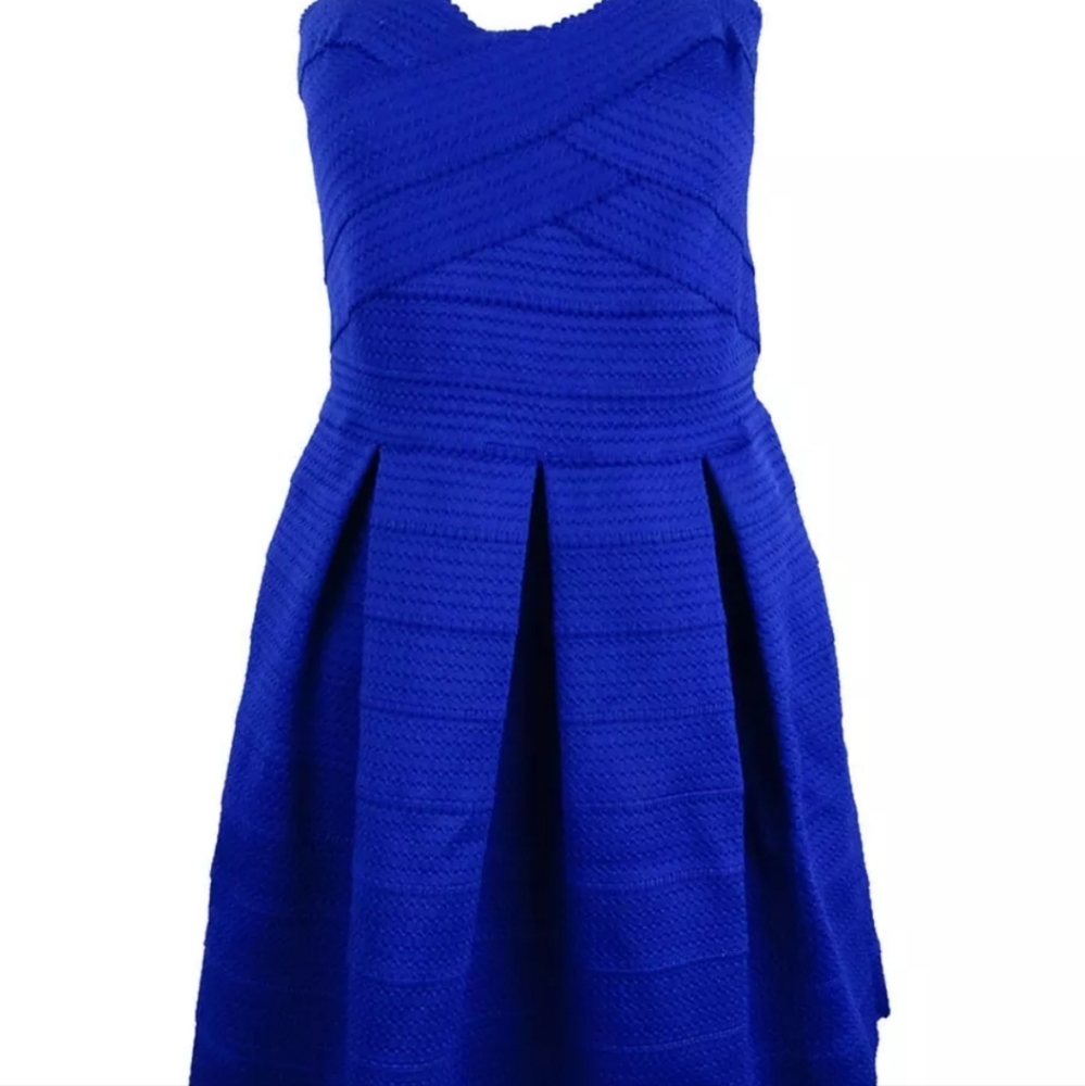 Express Womens Royal Blue Strapless Pleated Knee Length Fit & Flare Dres…